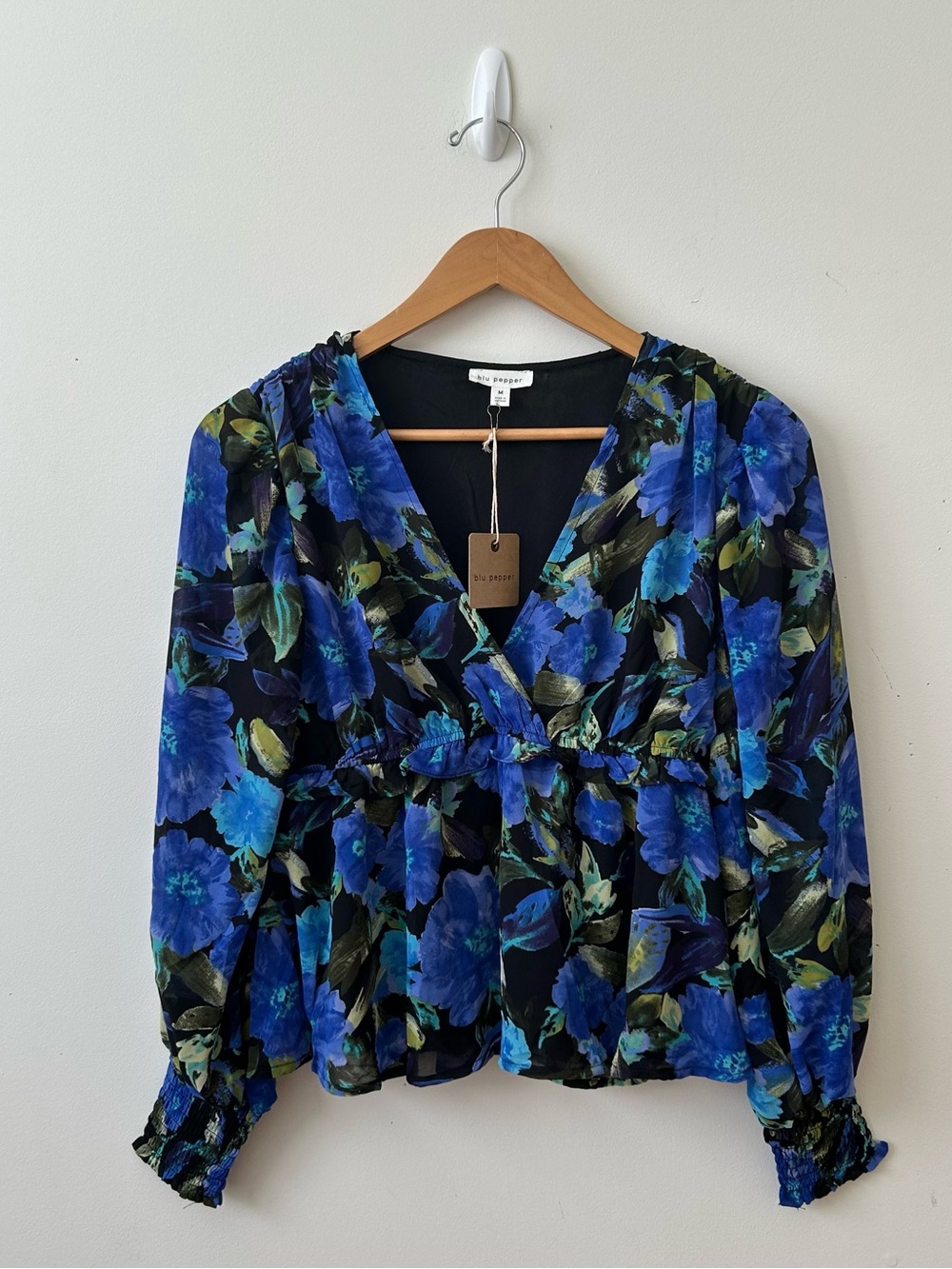Blu Pepper Blue Floral Peplum Blouse Medium NWT Cottagecore Boho Long Sleeve